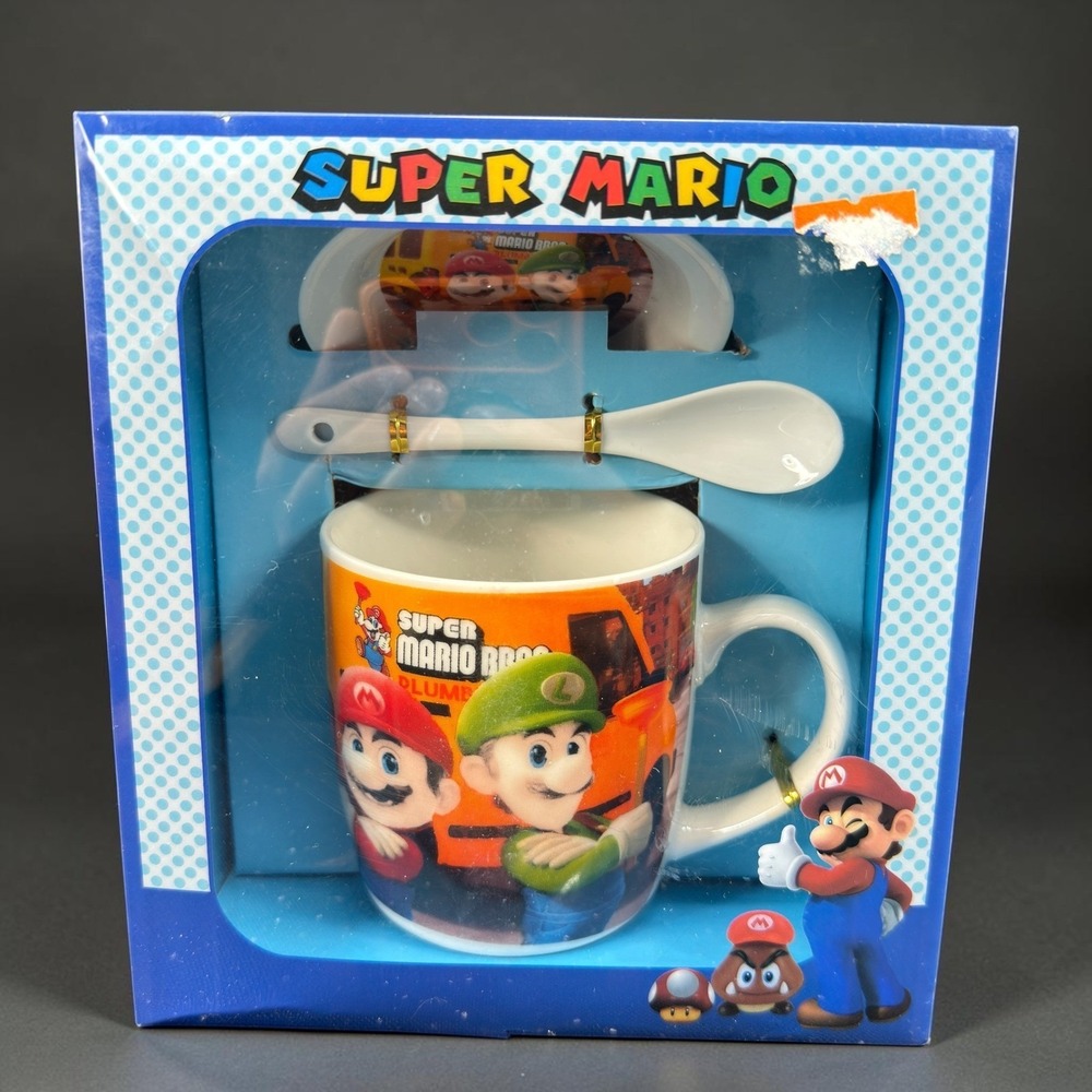 Super Mario Bros Movie Mug Set 12oz Ceramic Dish and Spoon New Sealed Box